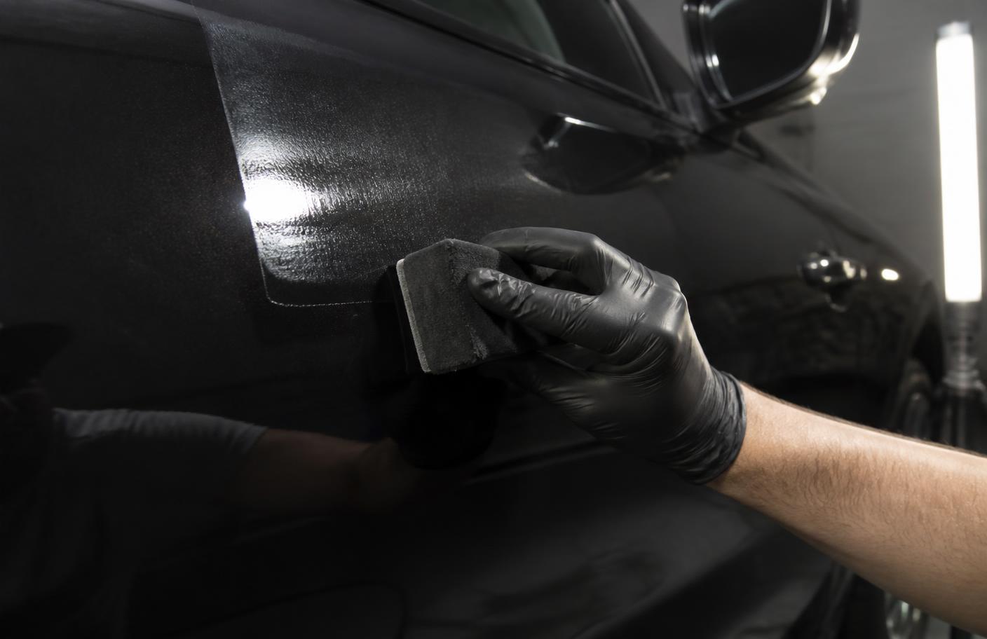 Gloved detailer laying a wet ceramic coating pass across a black car door with a suede applicator block under inspection lighting
