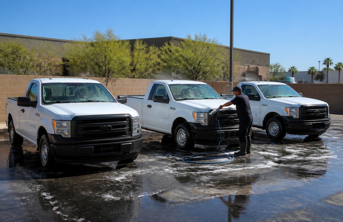 Three white work pickup trucks being washed in a Phoenix commercial parking lot