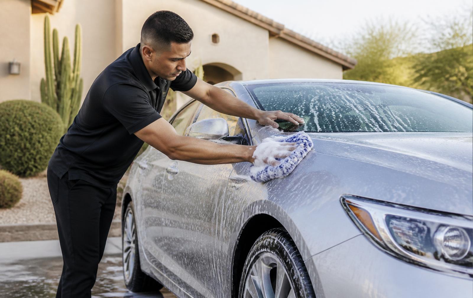 Detailer hand washing a silver sedan in a Phoenix driveway beside a stucco home and desert landscaping