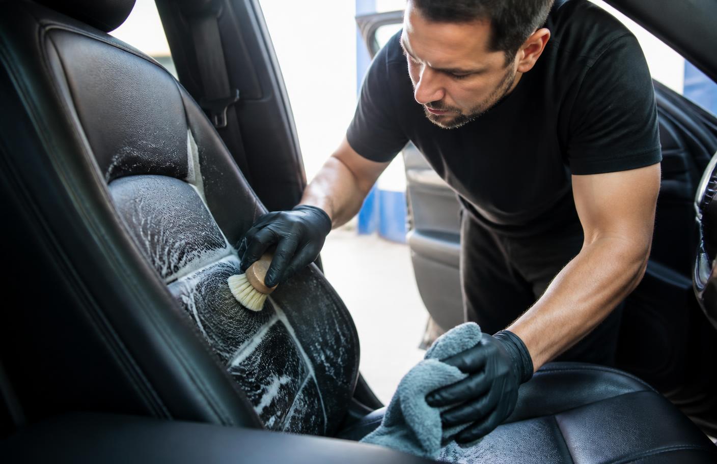 Detailer cleaning a black leather car seat with a soft brush and microfiber towel