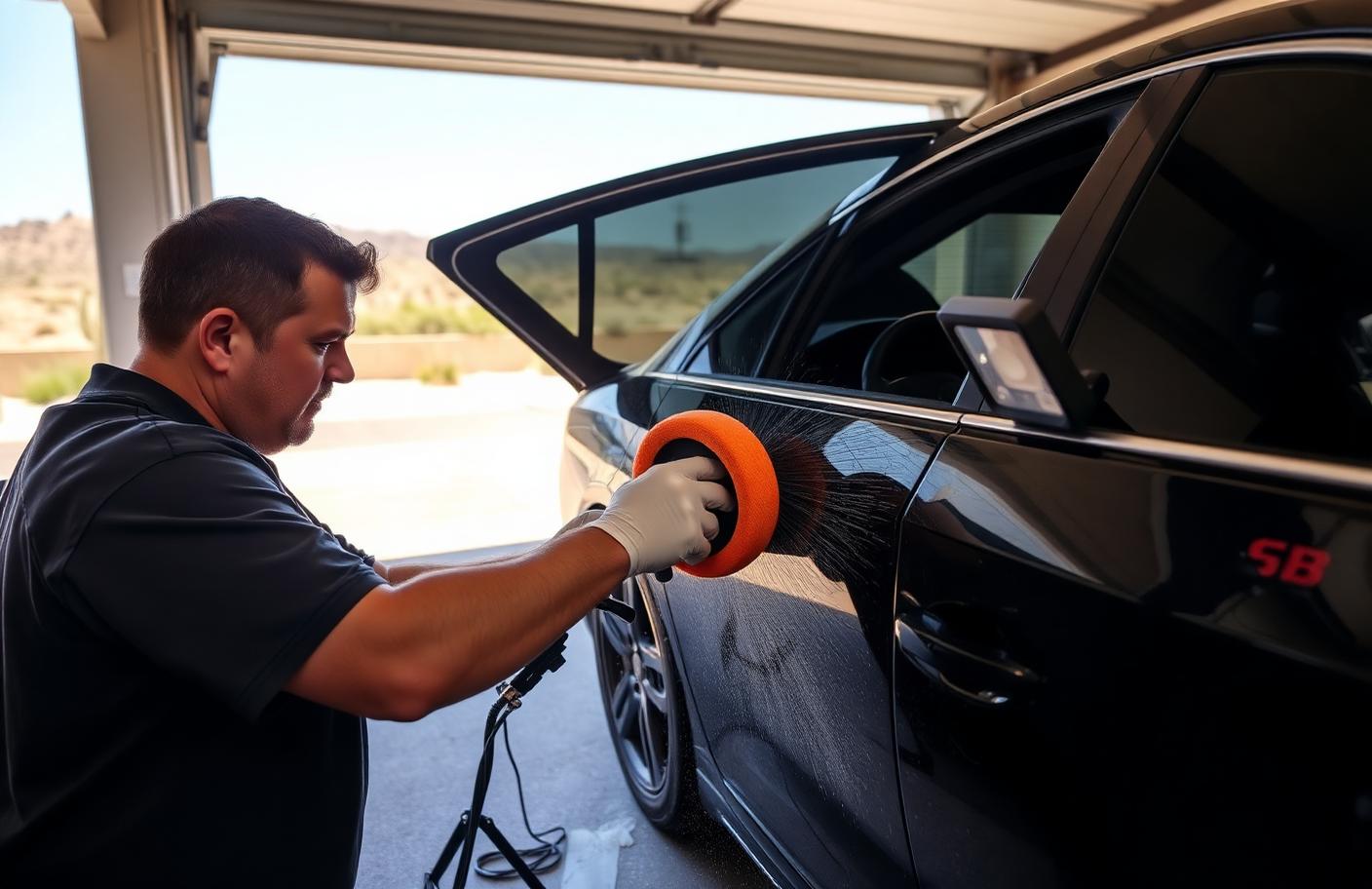 Detailer machine polishing the door of a dark sedan inside a shaded Arizona residential garage with a portable LED work light