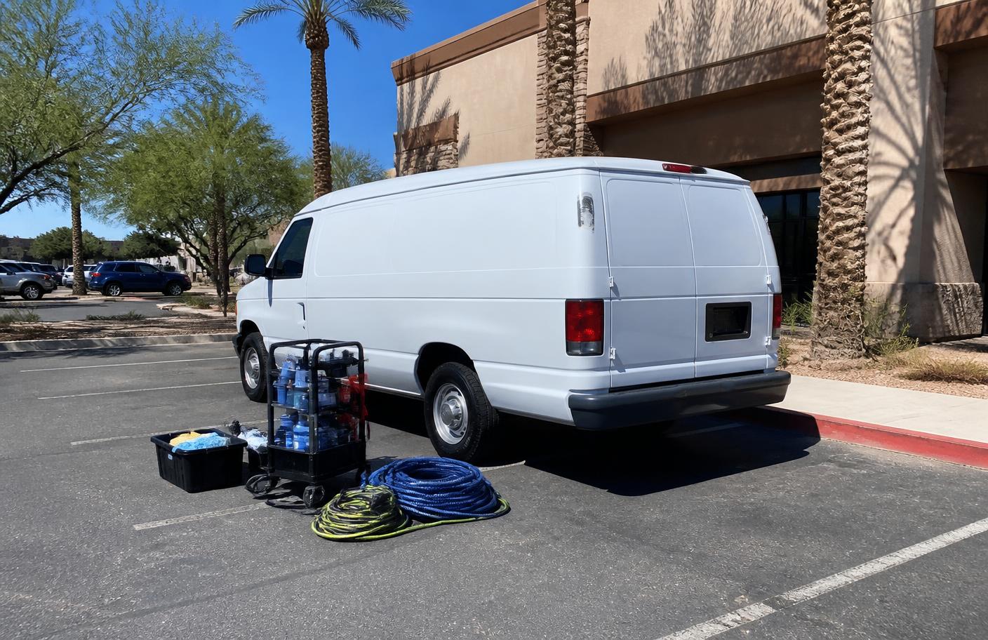 Mobile detailing van and equipment set up in a Phoenix parking lot
