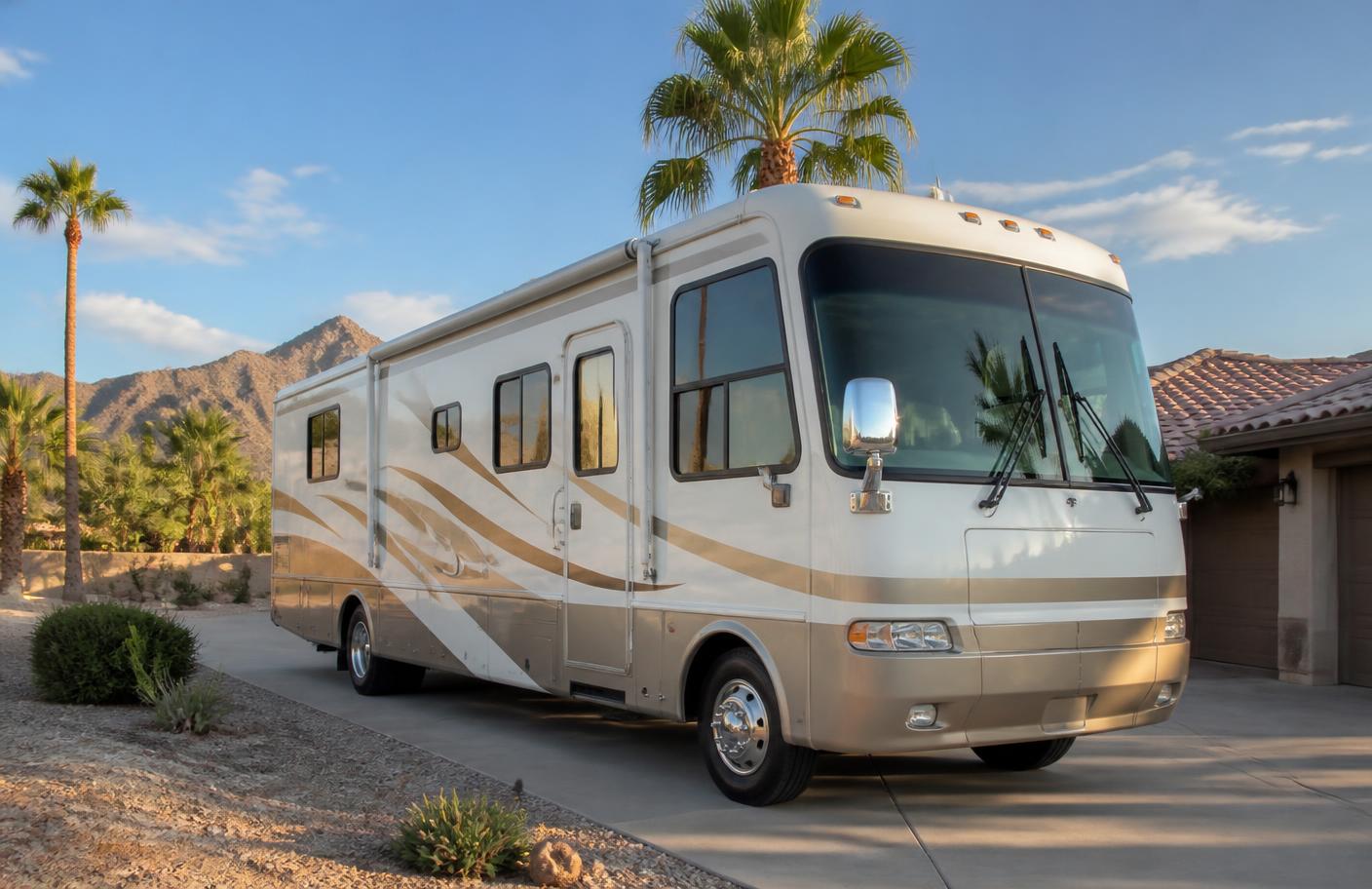 Freshly cleaned Class A motorhome parked on a Phoenix driveway with desert landscaping and mountains behind
