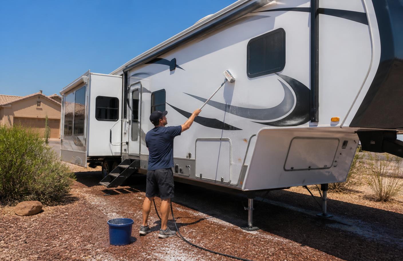 Detailer washing the decaled sidewall of a fifth wheel trailer parked on a gravel pad at a Phoenix home