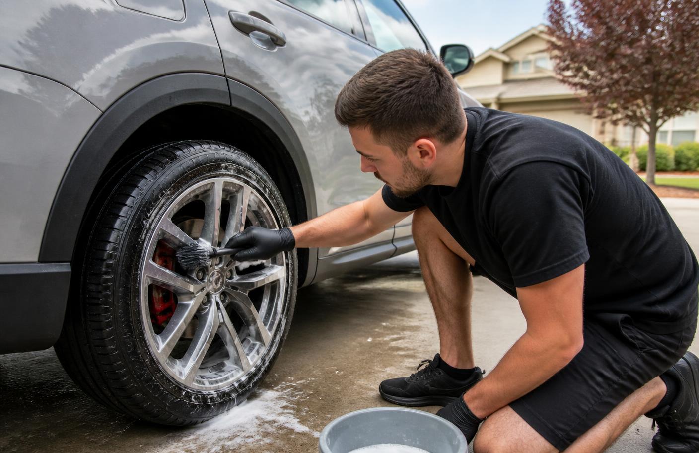 Detailer working close to the front corner of a vehicle in a residential driveway
